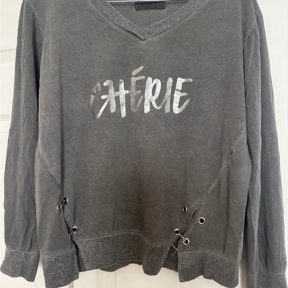 Silver Gray V-Neck Sweater with Lace-Up Details - Picture 1 of 5